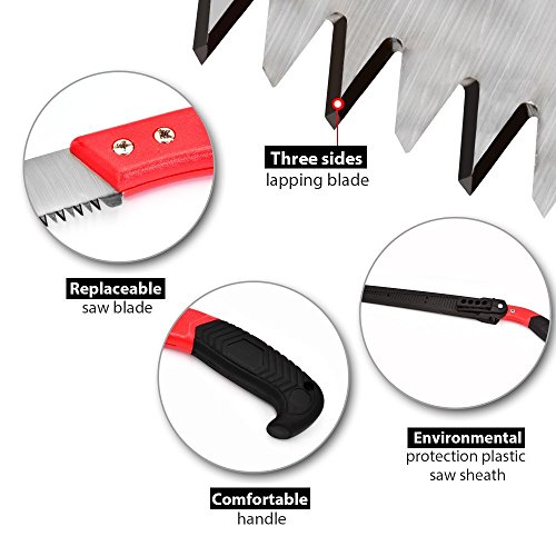 Pruning Saw with Sheath,VECOO Heavy Duty Gardening Saw 18.1 Inch Curved Blade Hand Saw Comfort Handle with Saw Blade Enclosure - Perfect for Trimming Trees, Plants, Shrubs, Wood, and More - Red Handle