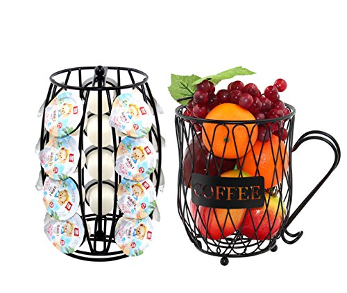 PAG Metal 20 K Cup Carousel Espresso Pod Holder and Iron Wire Coffee Mug Storage Basket, Black