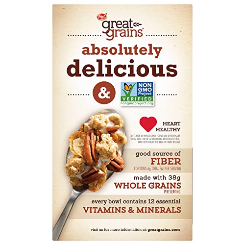 GREAT GRAINS CRUNCHY PECANS BREAKFAST CEREAL FOR ADULTS, CRISPY FLAKES AND GRANOLA CLUSTERS, NON-GMO, HEART HEALTHY, MADE WITH WHOLE GRAIN, 16 OZ BOX