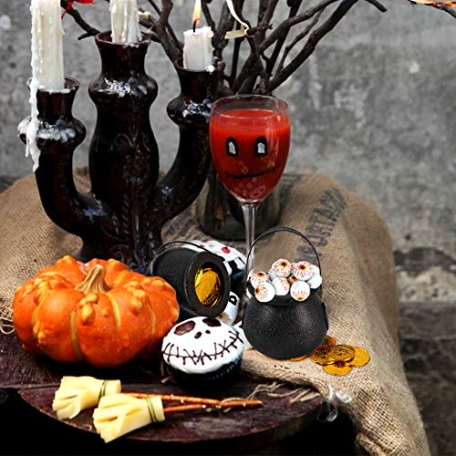 FUTUREPLUSX Mini Black Candy Cauldron Kettles, 2PCS Plastic Candy Kettles Party Decoration Supplies for Halloween with 50 Plastic Gold Coins