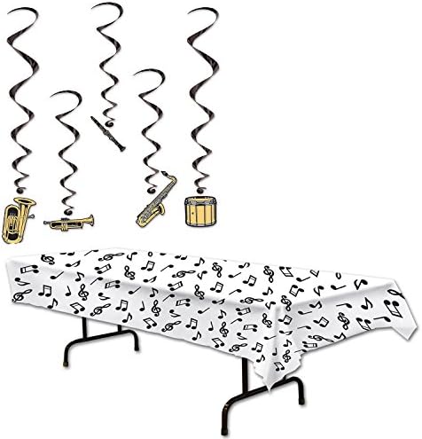 TwiceBooked Musical Notes Party Bundle - Music Notes Plastic Tablecloth &amp; Hanging Whirl Decorations
