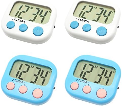 4 Pack Digital Kitchen Timer Magnetic Back Big LCD Display Loud Alarm Minute Second Count Up Countdown With ON/OFF Switch For Kitchen, Homework, Exercise, Game(2 White &amp; 2 Blue)