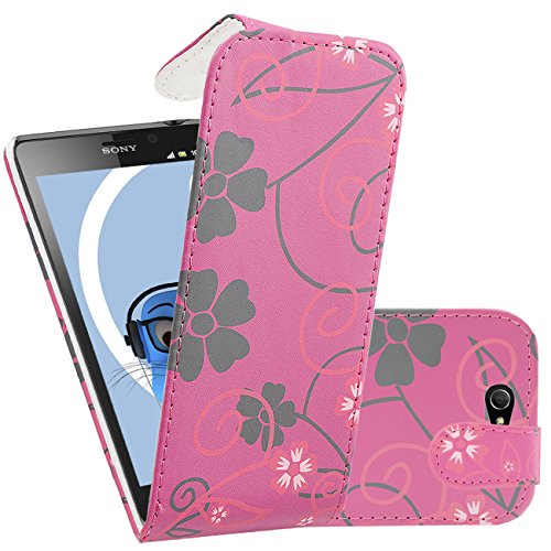 iTALKonline Sony Xperia M2 Pink Black Flowers PU Leather Executive Multi-Function Vertical Flip Wallet Case Cover Organiser