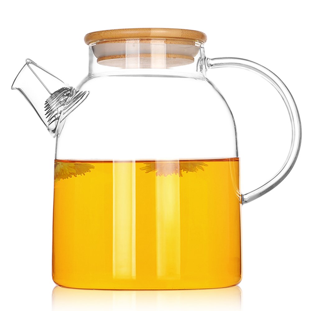 TAMUME 1500ML Glass Teapot with Bamboo Lid and Stainless Steel Filter Coil Glass Water Jug Ideal for Fruit Tea Container and Blooming Teapot