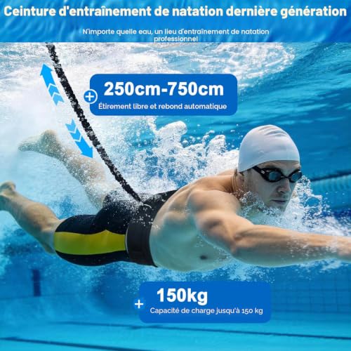 Vexyra Swimming Pool Elastic 2.5-7.5 m Swimming Belt for Adults and Children, Natural Latex Swimming Pool Elastic with Wide Padded Belt, Swimming Aid Black