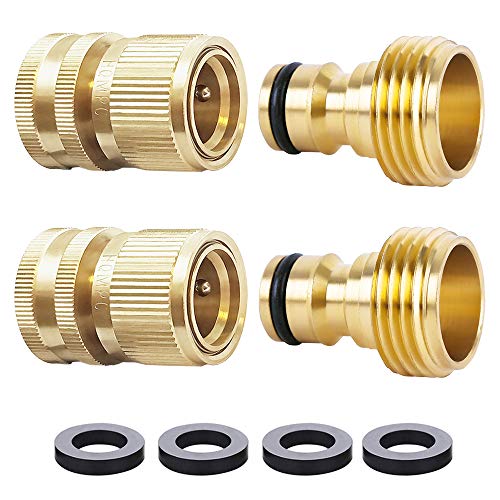 HQMPC Garden Hose Quick Connect Solid Brass Quick Connector Garden Hose Fitting Water Hose Connectors 3/4 inch GHT (2Sets) (2Female+2Male)
