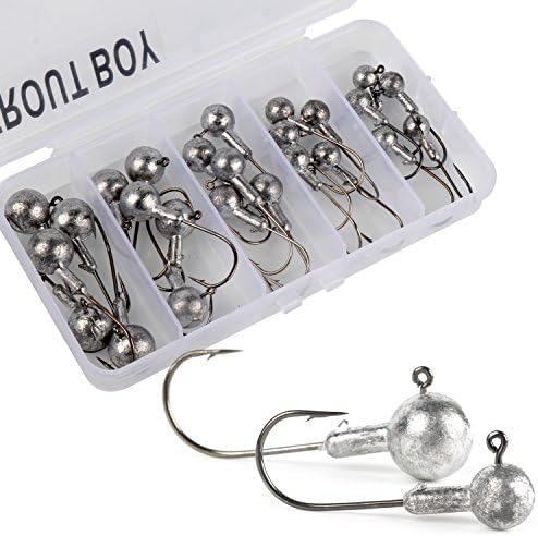 TROUTBOY Round Jig Head, 50Pcs Ultrahead Bullet Jig Fishing Hook Jigheads Set, with Plastic Fishing Box, for Soft Bait Lure Freshwater Saltwater Fishing