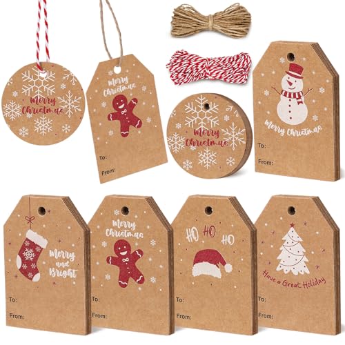 Blisstime 60pcs Christmas Gift Tags with String, Brown Kraft Gift Tags 6 Designs Xmas Tags for Gifts Wrapping