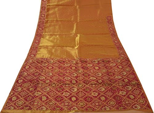 Vintage Saree Indian Art Silk TISSUE Embroidered Hand & Patch Work Fabric Gold