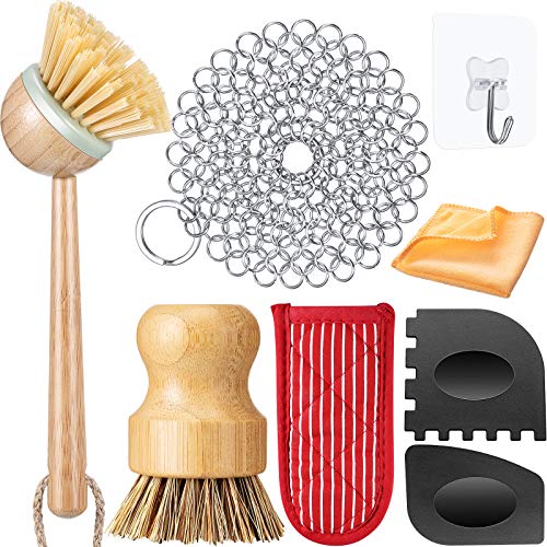 8-Pieces-Cast-Iron-Cleaner-Set-Include-Stainless-Steel-Chainmail-Scrubber-with-Bamboo-Long-Handle-Dish-Scrub-Brush-Hot-Handle-Holder-2-Pan-Grill-Scrapers-Kitchen-Towel-Wall-Hook
