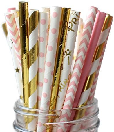 IPALMAY Metallic Gold and Pink Biodegradable Drinking Paper Straws for Wedding, 7.75 Inches, Pack of 200