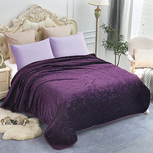 JYK Luxury Fleece Plush Blanket, Korean Mink, Queen 75" x 91" - Super Soft, Warm, Lightweight, Cozy Fuzzy Solid Color Embossed Fleece for Bed (Purple)