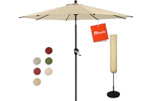 BLUU 9FT Sunbrella Umbrella Market Table Sun Umbrella Aluminum Patio Umbrella with 10-Year Non-Fading Sunbrella Acrylic Fabric Canopy Top with Cover, Antique Beige