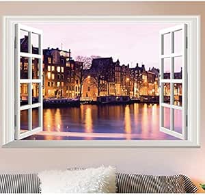 Vista nocturna 3D Ventana falsa, Paisaje Etiqueta de la pared