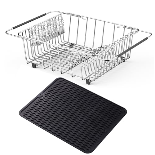 NiuYichee Abtropfgestell aus Edelstahl (L x B x H): 39 x 33 x 14 cm, erweiterbares Abtropfgestell für Obst und Gemüse, Abtropfgestell in der Spüle, mi