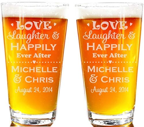 Customizable Pint Glass for Newlyweds, Love Laughter & Happily Ever After Pint Glasses, Mr and Mrs, Bride and Groom