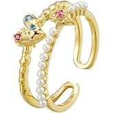 Kokoma Dainty Pearl Heart Ring for Women Colorful Cubic Zirconia Love Heart Star Layered Stacking Ring Open Statement Rings Promise Engagement Band