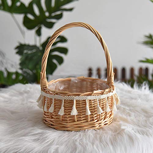 Ladeyi Handmade Classic Flower Girl Basket Natural Burlap with Lace Basket Tassel Portable Flower Basket Flower Basket Flower Basket Flower Decorated for Wedding - Thumbnail 6