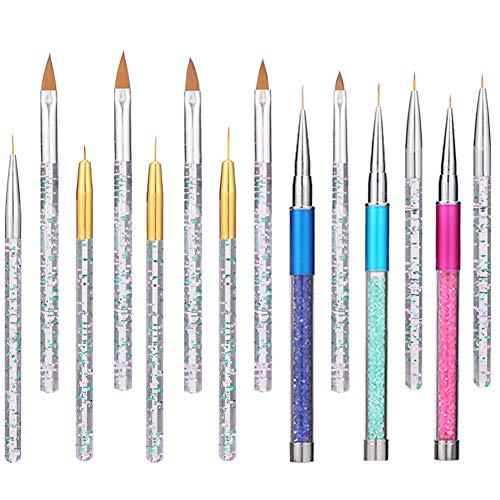 BKpearl 14 Pieces 3D Nail Art Brushes, Nail Liner Ombre Brush Nail Painting Design Pen Brushes Dotting Tools Set Acrylic Rhinestone Handles Nail Art Pens