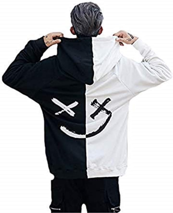 Abendedian Men's Casual Smile Face Colorblock Hoodies Print Long Sleeve Sweatshirt Fashion Hip-Hop Pullover Couple T-Shirt