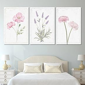 3 Panel Hand Drawn Lavender Pink Flowers Artwork...