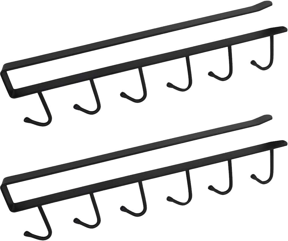 2 Pack 6 Hooks Under Shelf Mug Holder Black Kitchen Utensil Hooks Towel Hanger Cups Rag Storage Organizer Ties Belts Scarf Coffee Cup Under Desk Closet No Drilling Rack