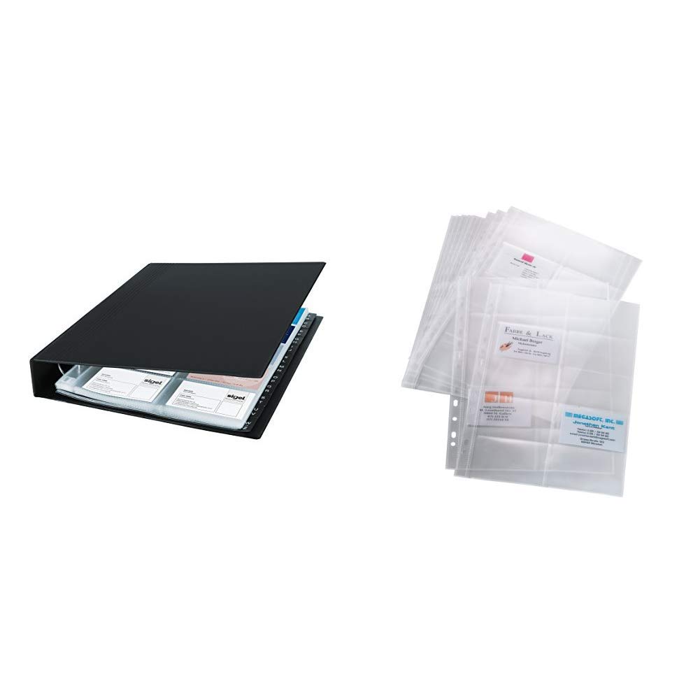 SIGEL VZ301 Card Holder / Card Organiser, leather-look, for up to 400 cards, black &VZ351 Pockets for Business Card Organisers, two row, transparent, 10 pcs.