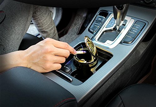 Follicomfy Car Cigarette Ashtray Auto Portable Smokeless Cup Holder Cylinder With Blue LED Light,Gold