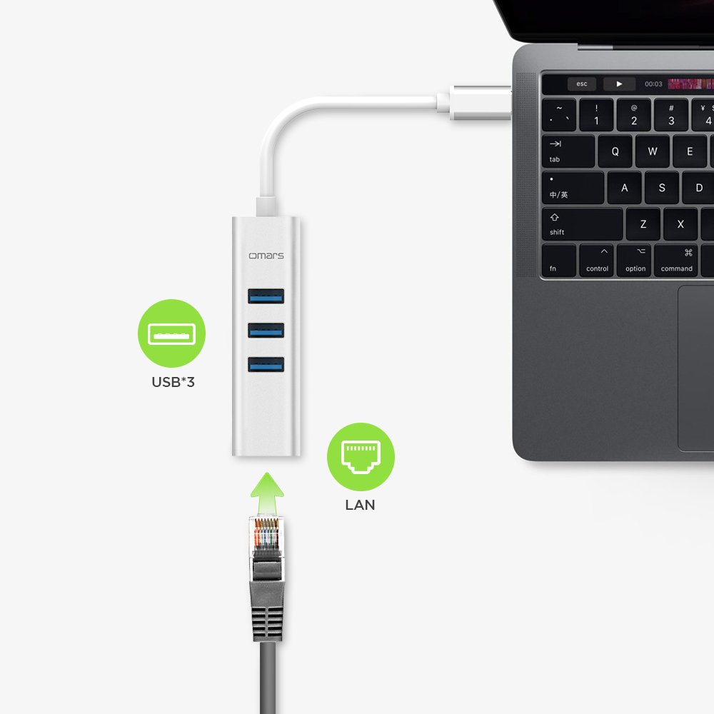 OMARS Hub USB C a 3 porte USB 3.0 con adattatore Ethernet per i dispositivi USB Tipo C inclusi il New Macbook, Macbook Pro 2016, ChromeBook Pixel 2015 e altri (3 * USB3.0 + Ethernet)