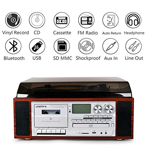 LoopTone Vinyl Record Player 9 in 1 3 Speed Bluetooth Vintage Shockproof Turntable CD Cassette Player Automatic Return Arm AM/FM Radio USB Recorder Aux-in RCA Line-Out