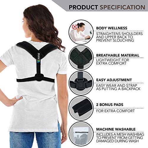 Temple Kinetics Premium Adjustable Posture Corrector for Men and Women - Comes with 2 Bonus Pads and a Mesh Wash Bag - Straightens Shoulders and Upper Back to Prevent Slouching for Body Wellness