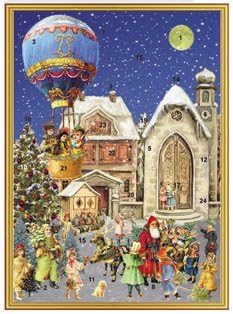 Mini Advent Christmas Card 24 doors 105 x 155 mm blank with envelope Victorian church and balloons - 499 - traditional German Design