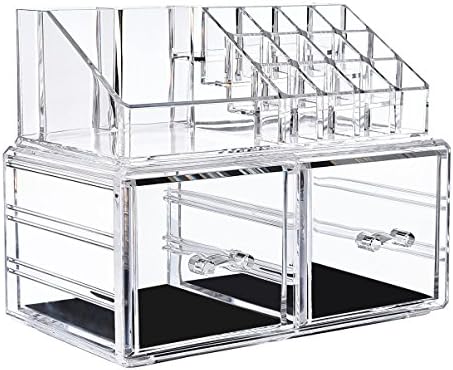 Acrylic Makeup Organizer Jewelry &amp; Cosmetic Storage Box, 2 Large Drawers and 1 Makeup Display Holder, 2 Pieces Stackable, Detachable, Clear, Medium