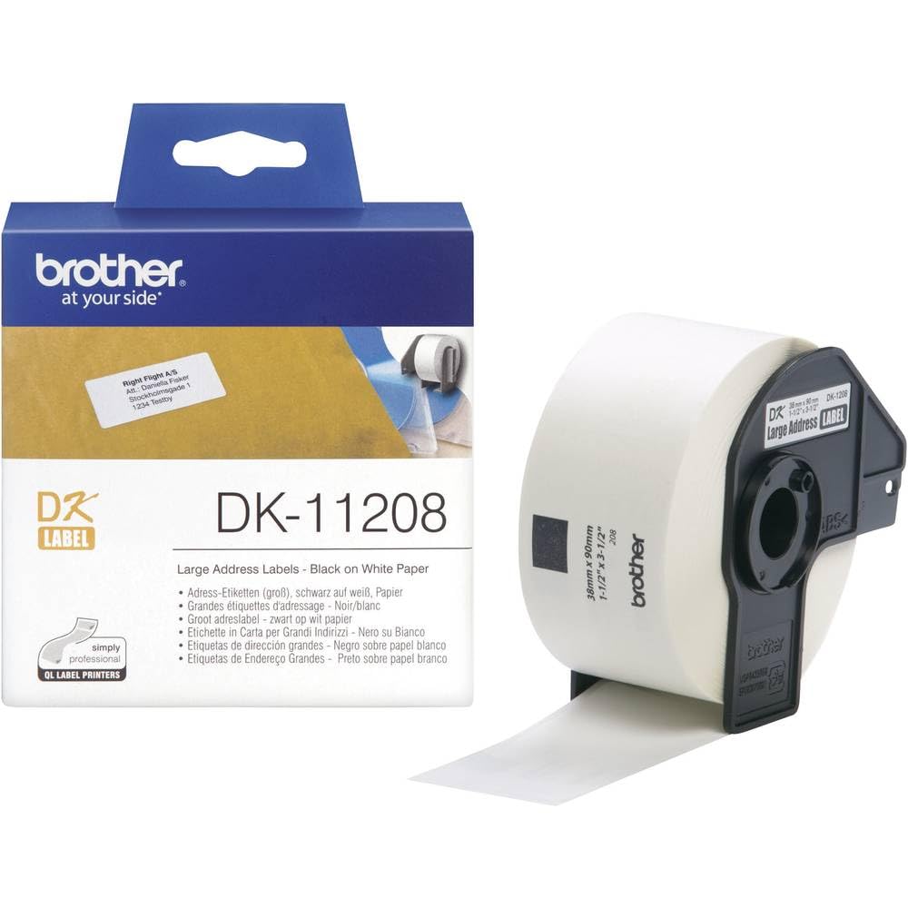 Brother DK-11208 Label Roll, Large Address Labels, Black on White, 400 Labels, 38 mm (W) x 90 mm (L), Brother Genuine Supplies