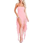 Women Summer Elegant Strapless Tube Midi Bodycon Dresses Irregular Ruffle Tassel Party Dress