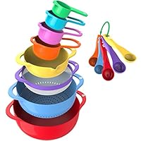 Vremi 13 Piece Mixing Bowl Set - Colorful Kitchen Bowls Colander Mesh Strainer with Handles Measuring Cups and Spoons - BPA Free Plastic Nesting Bowls with Easy Pour Spout for Baking Cooking and More