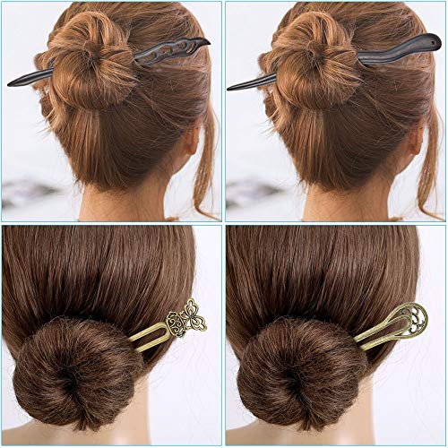 SelfTek 4 Pack Women Hair Sticks Antique Bronze and Wood Hair Chopsticks for Long Hair