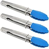 Small Tongs With Silicone Tips 7 Inch Serving Tongs - Set Of 3 - Mini Food Tongs Stainless Steel Great For BBQ, Salad, Cooking, Appetizers And Food Serving Blue