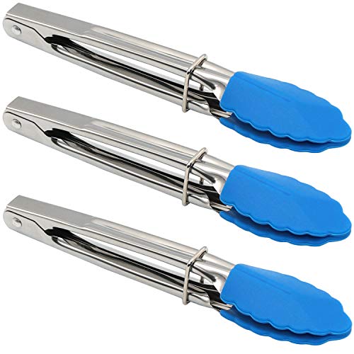 Small Tongs With Silicone Tips 7 Inch Serving Tongs - Set Of 3 - Mini Food Tongs Stainless Steel Great For BBQ, Salad, Cooking, Appetizers And Food Serving Blue