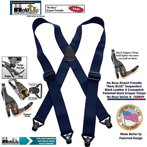 Holdup Dark Blue No-Buzz X-back Suspender with patented composite plastic Gripper Clasps