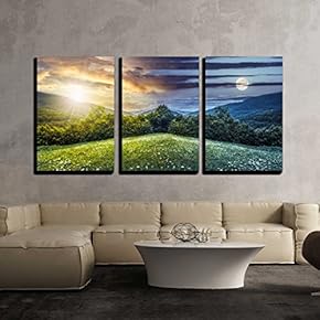 3 Piece Canvas Wall Art - Trees on Hillside of Mountain Range with Coniferous Forest and Flowers on Meadow - Modern Home Art Stretched and Framed Ready to Hang - 16"x24"x3 Panels