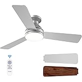 Amico Ceiling Fans with Lights, 42 inch Low Profile Ceiling Fan with Light and Remote Control, Flush Mount, Reversible, 3CCT, Dimmable, Noiseless, Silver Ceiling Fan for Bedroom, Indoor/Outdoor Use