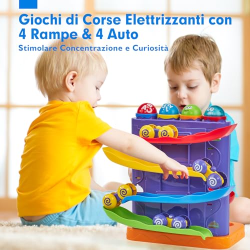 hahaland Children's Games 1 Year Male – Ball Toy 2 in 1 and Ramp for Car Track Educational Toys Montessori with Hammer/4 Balls/4 Cars, Gifts for 1 2 3 Years Old Children