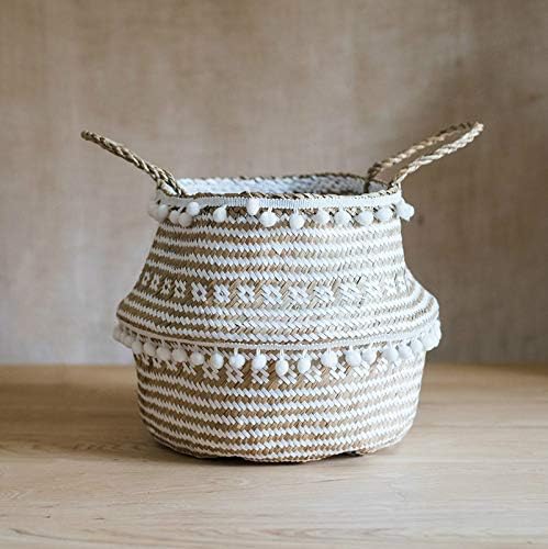 Woven Seagrass Basket, Woven Seagrass Tote Belly Basket for Storage, Laundry, Picnic, Plant Pot Cover & Beach Bag