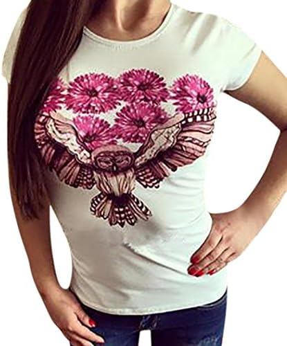 Quistal Fashion Women Teen Girls Causal Owl&Flower Print Tees T-hirt Short Sleeve Round Neck Blouse Tops Plus Size