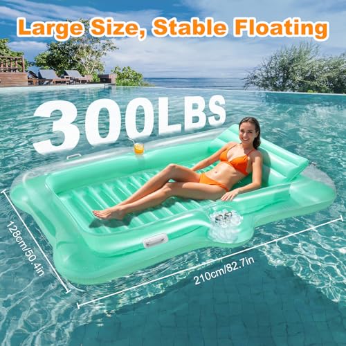 HeySplash Inflatable Swimming Pool Float, Large Inflatable Floating Boat for Adults with Cup Holder and Detachable Pillow, Lake River Summer Tanning Float Crystal Green