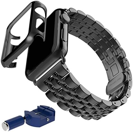 New Style Watch Band Replacement, Egmy Popular Stainless Steel Strap Watch Band+Adapter+Case Cover for Apple Watch iWatch 38mm (Black)