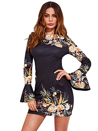 Floerns Women's Floral Print Sexy Bodycon Cocktail Party Round Neck Long Sleeve Wedding Guest Bell Cuff Dresses Black L