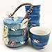 Japanese Design Maneki Neko Lucky Cat Black Ceramic Tea Pot and Cups Set Serves 4 Beautifully Packaged in Gift Box Excellent Home Decor Asian (Blue Maneki Neko Set)