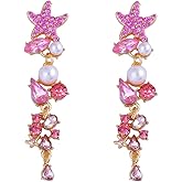 Rhinestone Starfish Ocean Sea Statement Dangle Earrings for Women Gold Plated Fashion Long Teardrop Shell Pearl Colorful CZ Charms Drop Dangling Stud Lightweight Beachy Jewelry